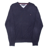 TOMMY HILFIGER Mens Jumper Blue V-Neck Tight Knit M