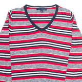 TOMMY HILFIGER Womens Patterned Jumper Red Striped V-Neck Tight Knit L