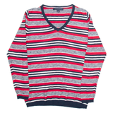 TOMMY HILFIGER Womens Patterned Jumper Red Striped V-Neck Tight Knit L