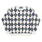 TOMMY HILFIGER Mens Patterned Jumper White Argyle Tight Knit L