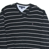 TOMMY HILFIGER Mens Patterned Jumper Black Striped V-Neck Tight Knit M