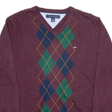 TOMMY HILFIGER Mens Patterned Jumper Maroon Argyle V-Neck Tight Knit M