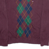 TOMMY HILFIGER Mens Patterned Jumper Maroon Argyle V-Neck Tight Knit M