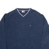 TOMMY HILFIGER Mens Jumper Blue V-Neck Tight Knit L