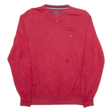 TOMMY HILFIGER Mens Jumper Red V-Neck Tight Knit XL