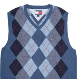 TOMMY HILFIGER Mens Jumper Blue Argyle V-Neck Tight Knit 3/4 Sleeve L