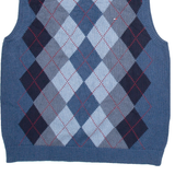 TOMMY HILFIGER Mens Jumper Blue Argyle V-Neck Tight Knit 3/4 Sleeve L