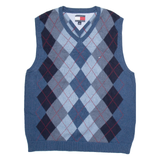 TOMMY HILFIGER Mens Jumper Blue Argyle V-Neck Tight Knit 3/4 Sleeve L