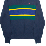 TOMMY HILFIGER Mens Patterned Jumper Blue Striped 1/4 Zip Tight Knit S
