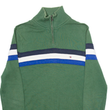 TOMMY HILFIGER Mens Patterned Jumper Green Striped 1/4 Zip Tight Knit S