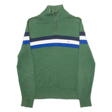 TOMMY HILFIGER Mens Patterned Jumper Green Striped 1/4 Zip Tight Knit S