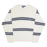 NAUTICA Mens Patterned Jumper White Striped V-Neck Tight Knit L