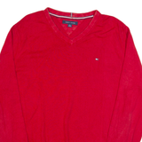 TOMMY HILFIGER Mens Jumper Red V-Neck Tight Knit XL