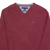 TOMMY HILFIGER Mens Jumper Maroon V-Neck Tight Knit S