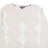 TOMMY HILFIGER Womens Patterned Jumper Beige Argyle V-Neck Tight Knit XL