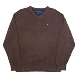 TOMMY HILFIGER Mens Jumper Brown V-Neck Tight Knit XL