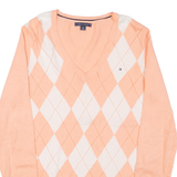 TOMMY HILFIGER Womens Patterned Jumper Pink Argyle V-Neck Tight Knit M