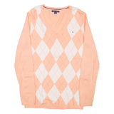 TOMMY HILFIGER Womens Patterned Jumper Pink Argyle V-Neck Tight Knit M