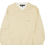 TOMMY HILFIGER Mens Patterned Jumper Yellow Striped V-Neck Tight Knit M