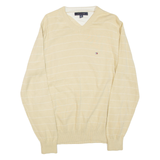 TOMMY HILFIGER Mens Patterned Jumper Yellow Striped V-Neck Tight Knit M