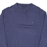 TOMMY HILFIGER Mens Jumper Blue V-Neck Tight Knit M