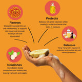 Infographic about skincare benefits with marigold, babassu oil, and shea butter on an orange background.
