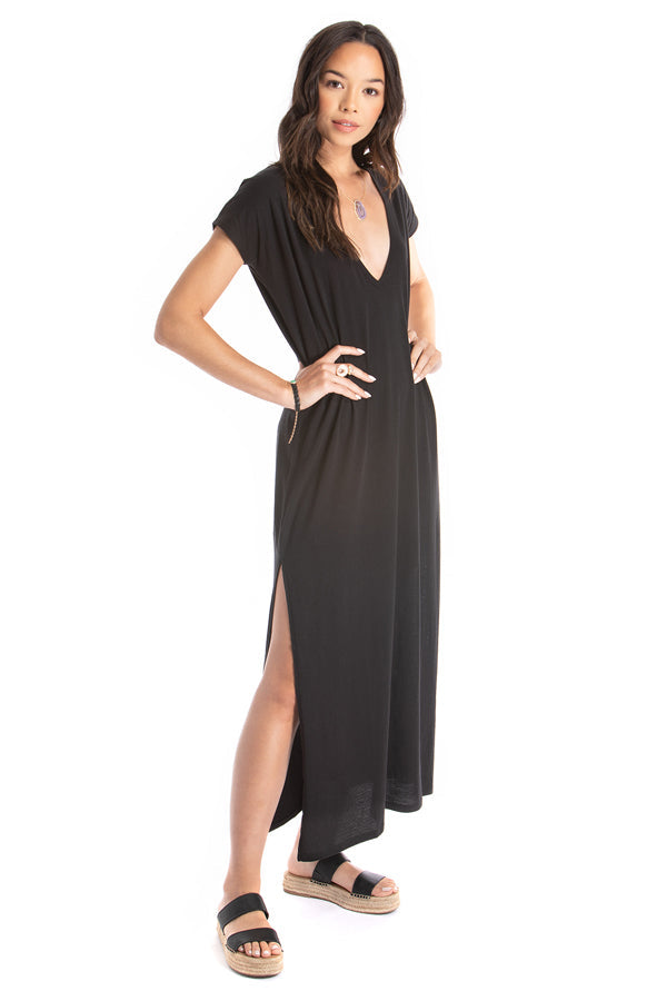 Maxi V Neck Dress - Organic Cotton - Black