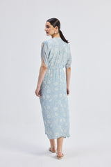 Gathered Maxi Dress with Drawstring in Blue Florals