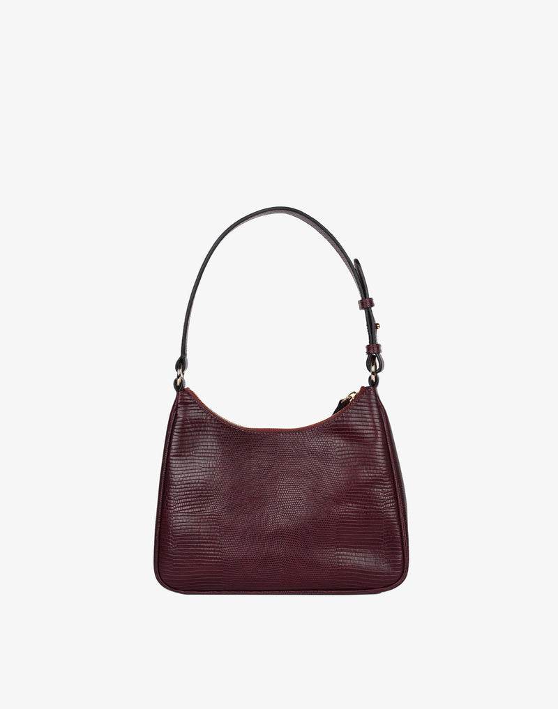 recycled genuine leather everyday shoulder bag burgundy embossed lizard#color_wine-lizard