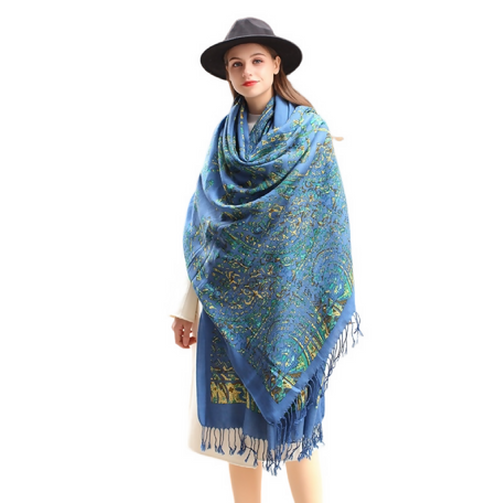 Anyyou 100% Merino Wool French Blue Silk Satin Large Winter Scarf Pashmina Shawl Bandana Perfect For Women Ladies Fashion Style