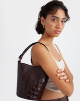 hyer goods recycled leather mini bucket bag chocolate brown croc#color_choco-croco