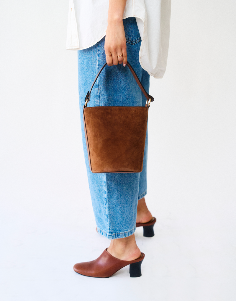 hyer goods recycled leather mini bucket bag tan suede#color_tan-suede