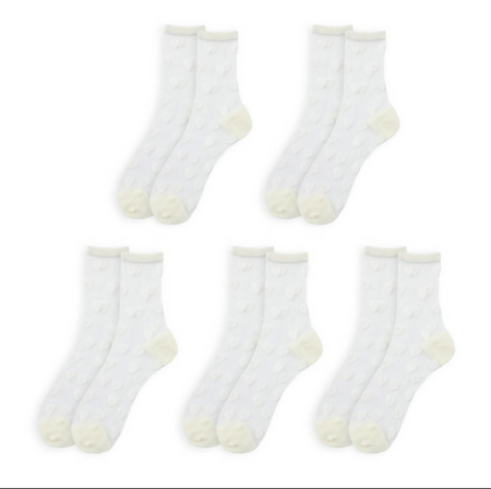 Anyfootwear 5 Pairs White Heart Tulle Glass Silk Knee Socks Size 5-9 Transparent Thin Mesh Full Nylon Fashion Socks Comfortable Breathable for Women