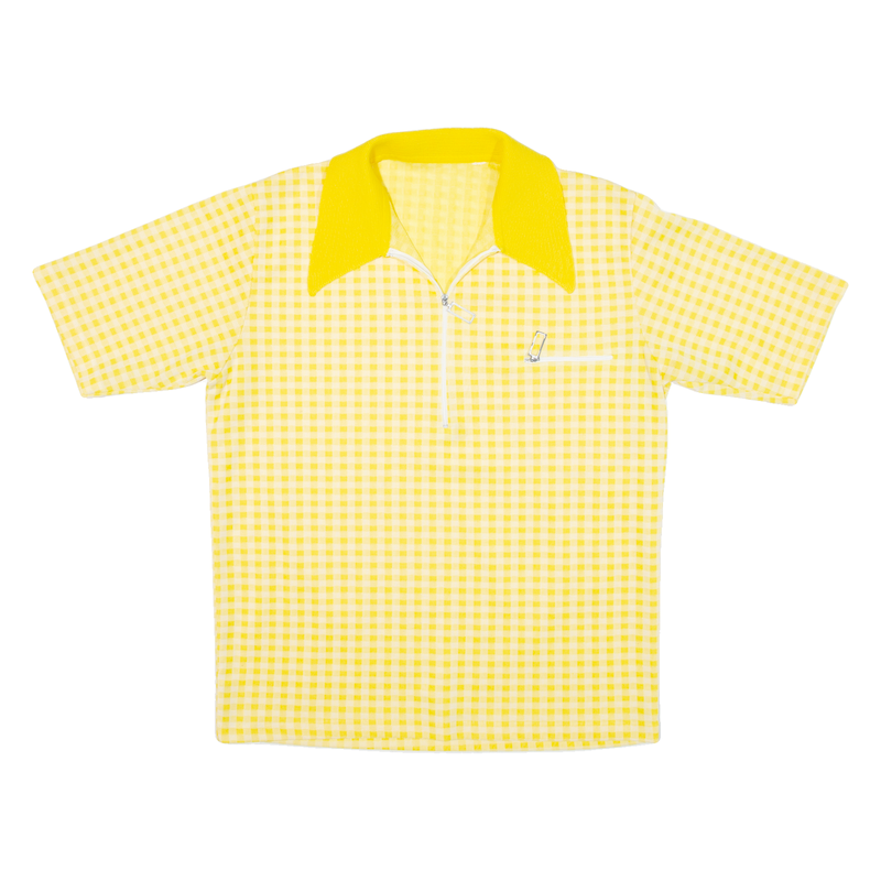 Vintage 1/4 Zip Mens Polo Shirt Yellow 90s Check Short Sleeve S