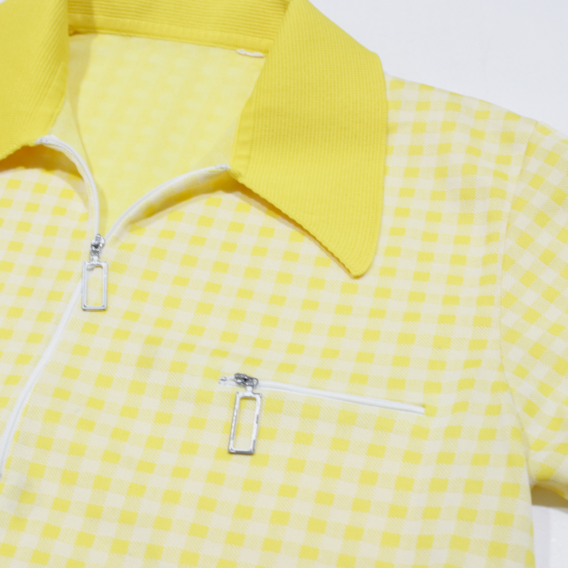 Vintage 1/4 Zip Mens Polo Shirt Yellow 90s Check Short Sleeve S