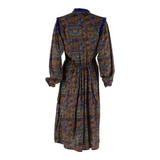 Womens A-Line Dress Brown 90s Crazy Pattern Long Sleeve Midi S