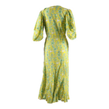 RHODE Birds Womens Wrap Dress Yellow Floral Short Sleeve Long XS