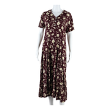 EXPRESS Pleated Womens Maxi Dress Maroon Floral Short Sleeve Long M