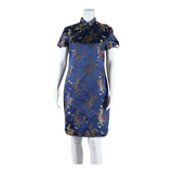 ALEX LINE Side Slit Dragons Womens Pencil Dress Blue Floral Short Sleeve Midi M