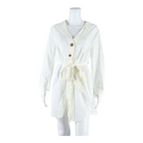 ZARA Belted Hole Design Womens Shirt Dress White Lace Long Sleeve Midi XL