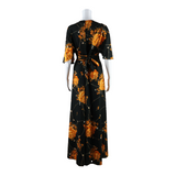 LES'S Belted Womens A-Line Dress Black Floral Long XS