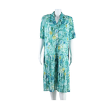 Pleated Lined Womens Shift Dress Green Floral Short Sleeve Long XL