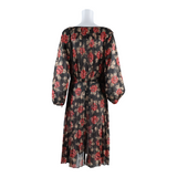 Pleated Womens A-Line Dress Black Floral Long Sleeve Long S