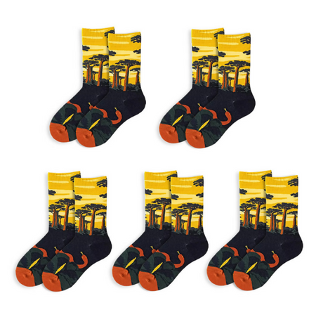 Anyfootwear 5 Pairs Size 5-9 Unisex Long Socks Cartoon Yellow Forest Painting Nature Print Warm Winter Socks Comfortable Casual Foot Accessories