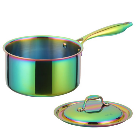 Anygleam Rainbow 304 Stainless Steel Saucepan – Small Milk & Soup Pot with Lid, Long Handle, Thickened Base, Induction Compatible Dormitory Cookware