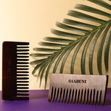Two combs, both brown, with 'SAABUNI' branding, on a purple surface with a leafy background.