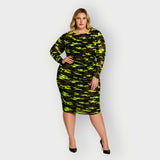 Boudicca Neon Lime Camouflage Ruched Midi Dress Inclusive Plus Size up to UK 26 / US 22