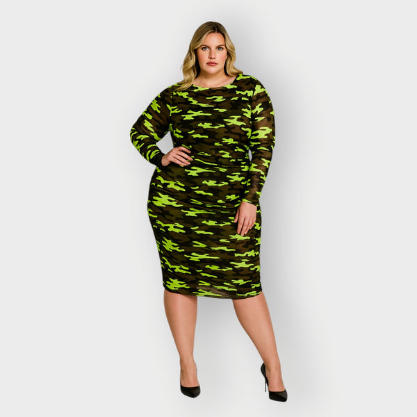 Boudicca Neon Lime Camouflage Ruched Midi Dress Inclusive Plus Size up to UK 26 / US 22