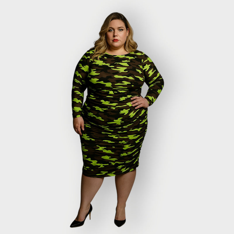 Boudicca Neon Lime Camouflage Ruched Midi Dress Inclusive Plus Size up to UK 26 / US 22