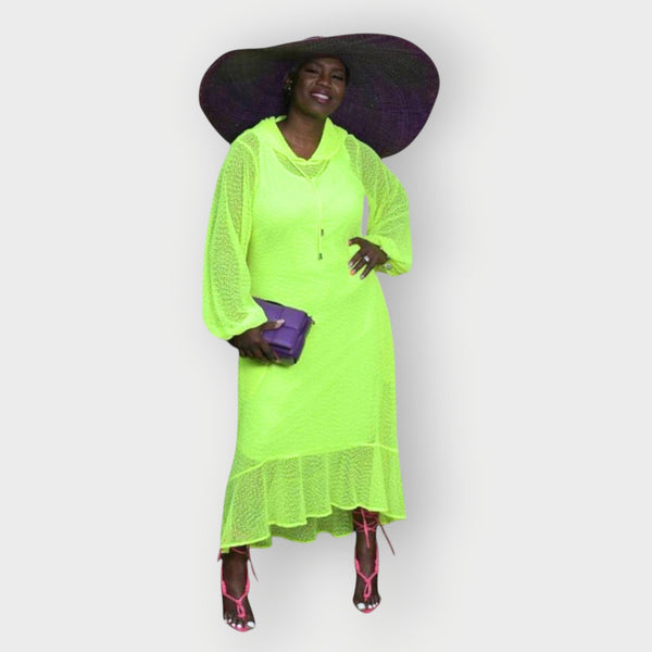 Aphrodite Neon Lime Holiday Resort Midi Dress With Hoodie -Inclusive Plus Size up to UK 16 / US 12